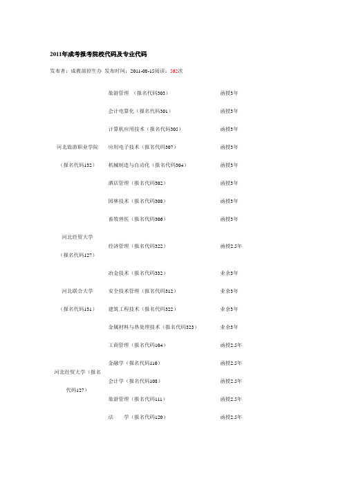 2011年成考报考院校代码及专业代码