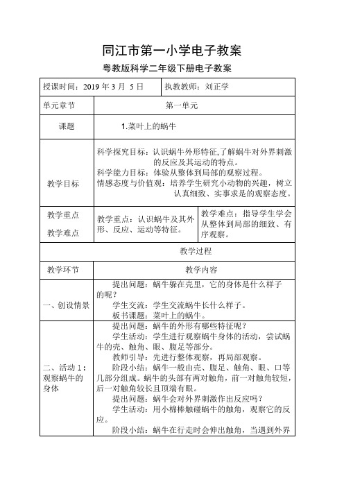 粤教版科学二年级下册1.菜叶上的蜗牛电子教案