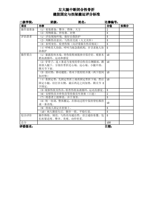 左大腿中断闭合性骨折健肢固定与担架搬运评分标准