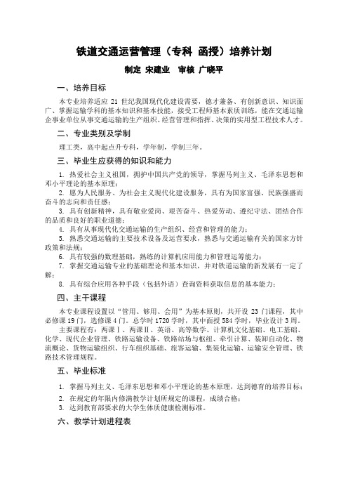 铁道交通运营管理(专科 函授)教学计划