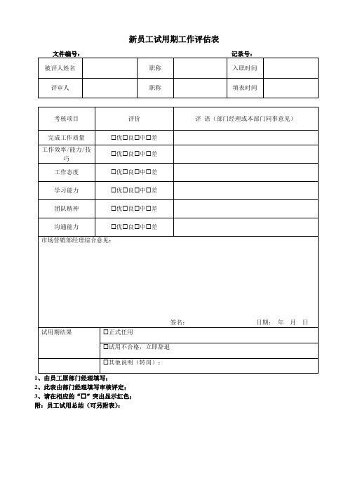 新员工试用期工作评估表