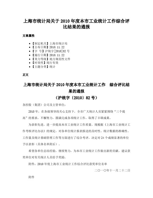 上海市统计局关于2010年度本市工业统计工作综合评比结果的通报