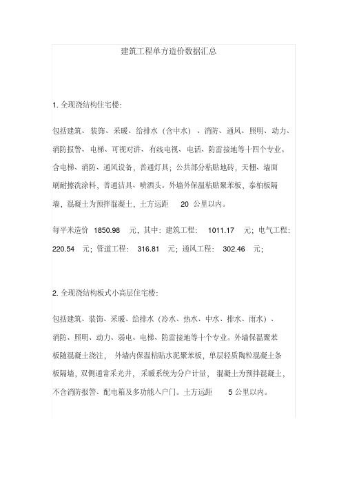 建筑工程单方造价数据汇总