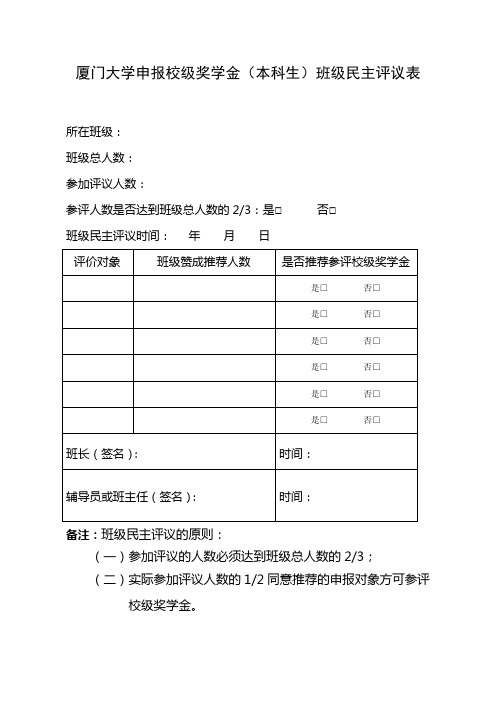 申报校级奖学金(本科生)班级民主评议表