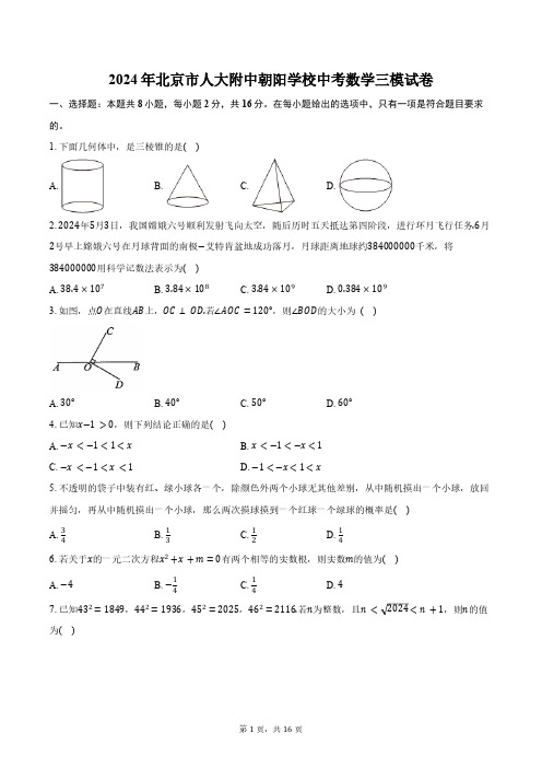 2024年北京市人大附中朝阳学校中考数学三模试卷(含答案)