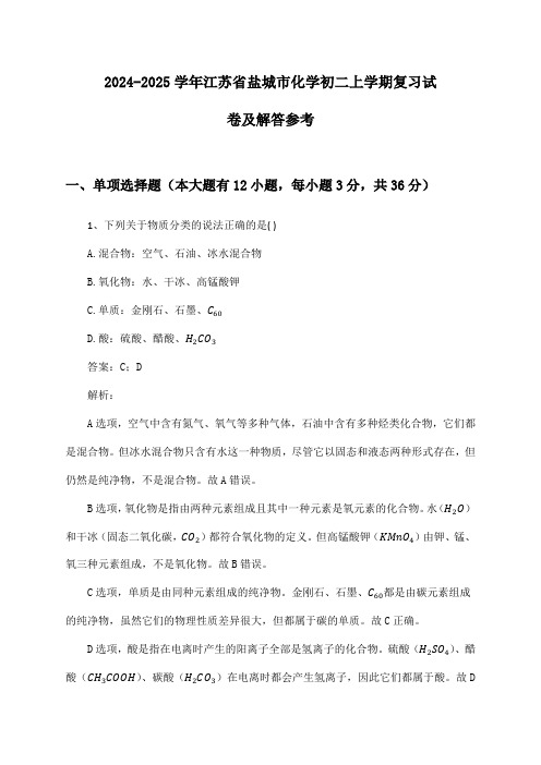 江苏省盐城市化学初二上学期2024-2025学年复习试卷及解答参考