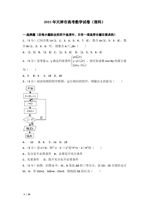 2015年天津市高考数学试卷及解析(理科)