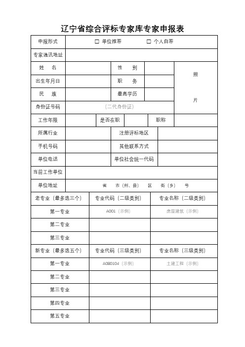 辽宁省综合评标专家库专家申报表【模板】