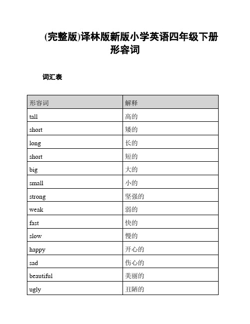 (完整版)译林版新版小学英语四年级下册形容词