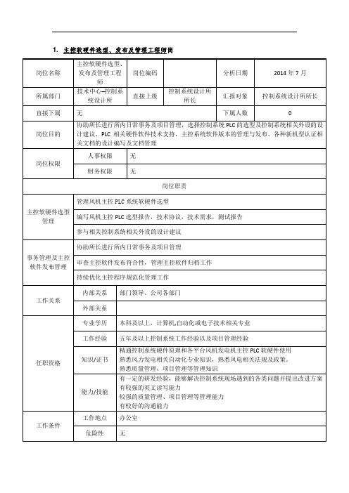 电力风电岗位说明书-技术中心-控制系统设计所-主控软硬件选型、发布及管理工程师岗