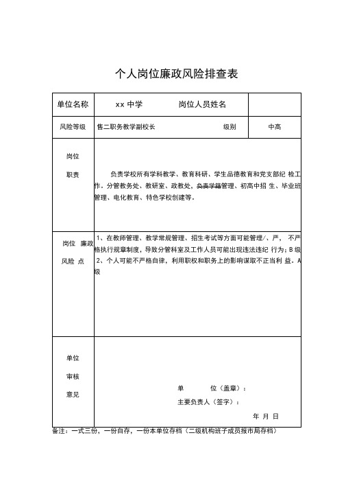 教学副校长廉政风险防控排查表