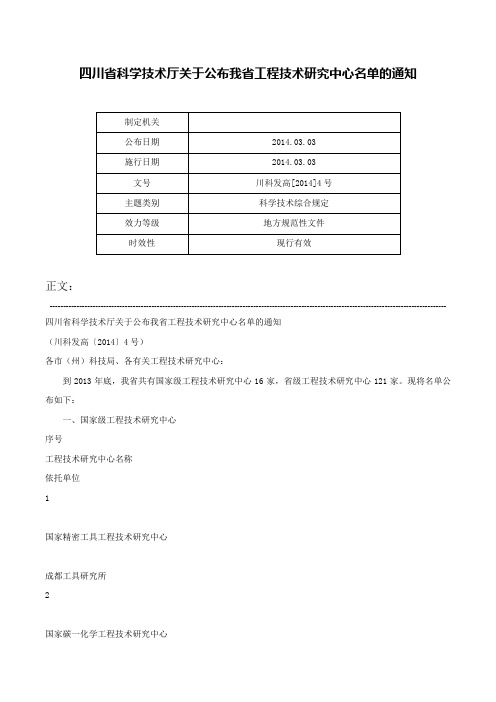 四川省科学技术厅关于公布我省工程技术研究中心名单的通知-川科发高[2014]4号