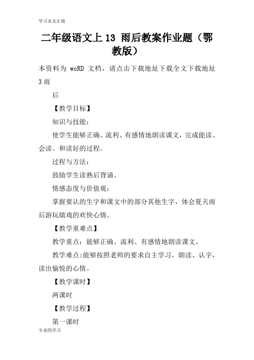 二年级语文上13 雨后上课学习上课学习教案作业题(鄂教版)