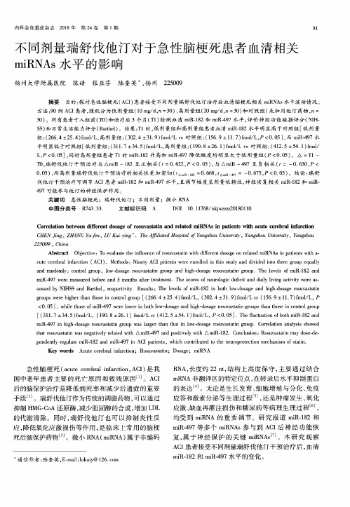 不同剂量瑞舒伐他汀对于急性脑梗死患者血清相关miRNAs水平的影响