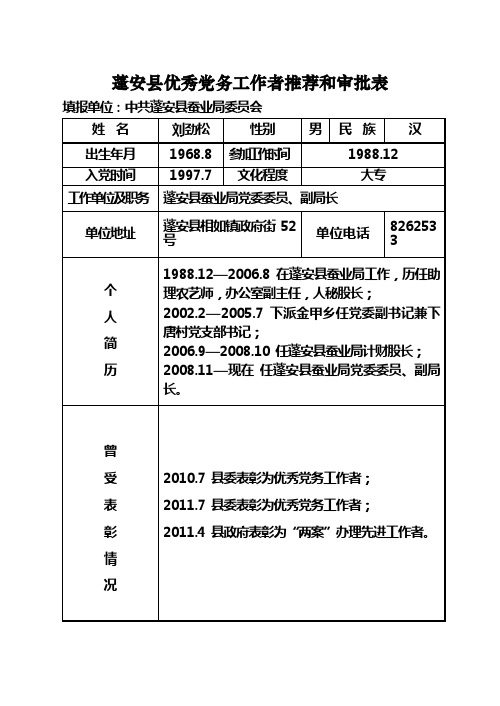 蓬安县优秀党务工作者推荐和审批表