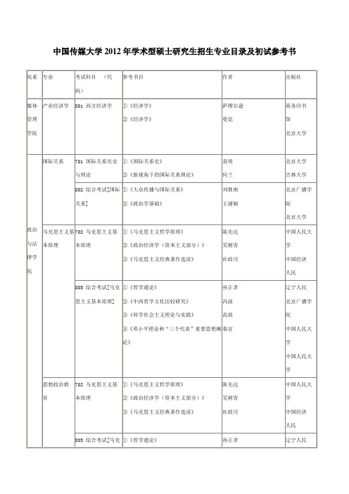 中国传媒大学2012年学术型硕士研究生招生专业目录及初试参考书(2013可借鉴)