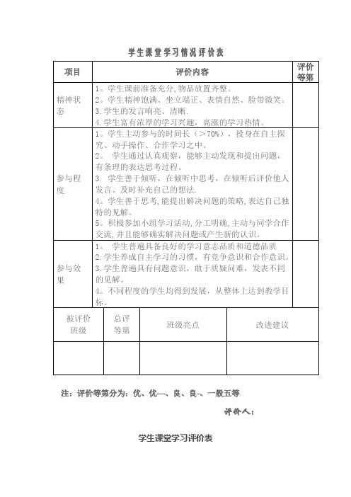 学生课堂学习情况评价表