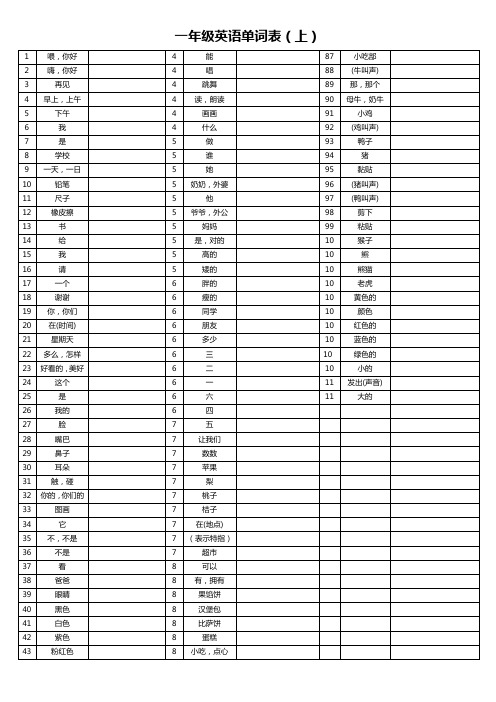 一年级英语单词表上册