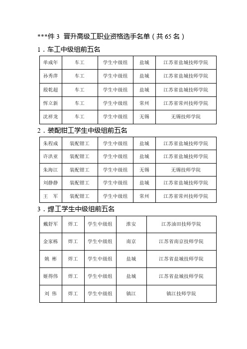 晋升高级工职业资格选手名单【模板】