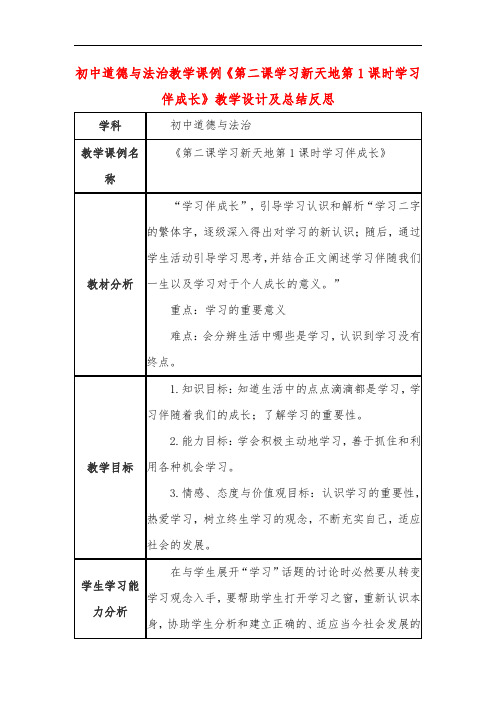 初中道德与法治教学课例《第二课学习新天地第1课时学习伴成长》课程思政核心素养教学设计及总结反思