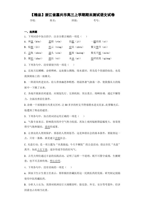 浙江省嘉兴市高三上学期期末测试语文试卷