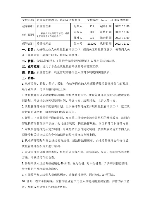 药品批发企业质量方面的教育、培训及考核制度