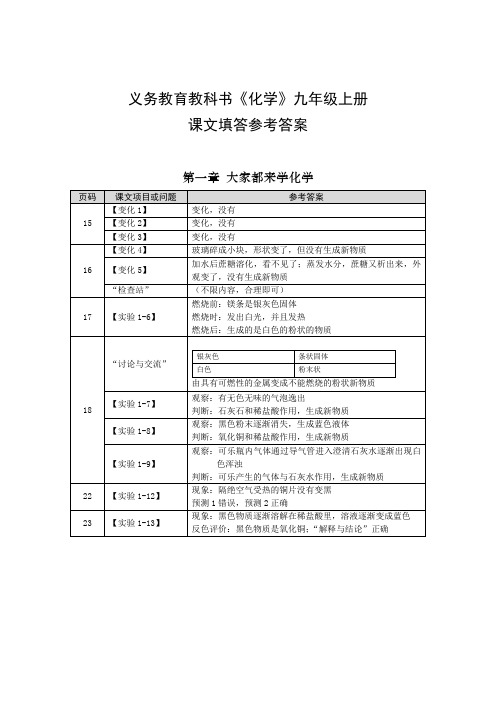 粤教版化学教科书填答参考答案