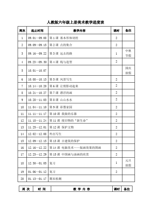 人教版六年级上册美术教学进度表