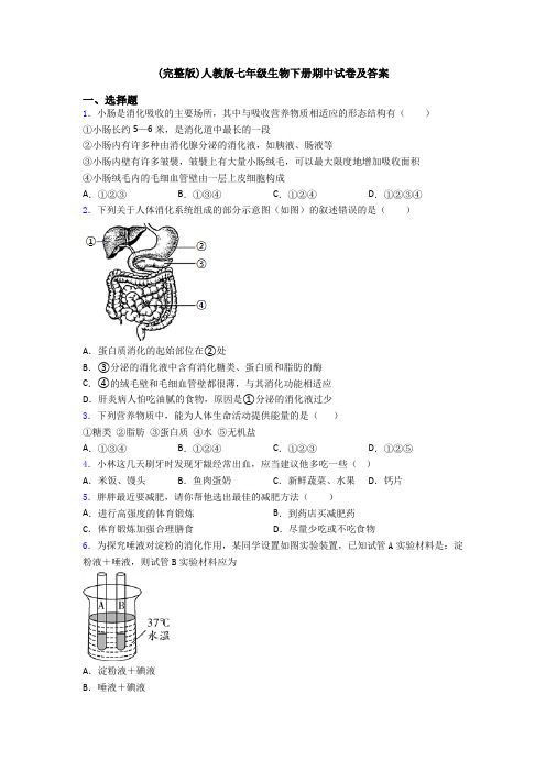 (完整版)人教版七年级生物下册期中试卷及答案