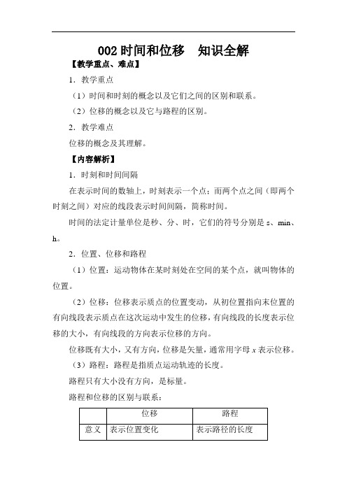 人教版高中物理高一必修1知识点第一章运动的描述第二节1.2时间和位移知识全解