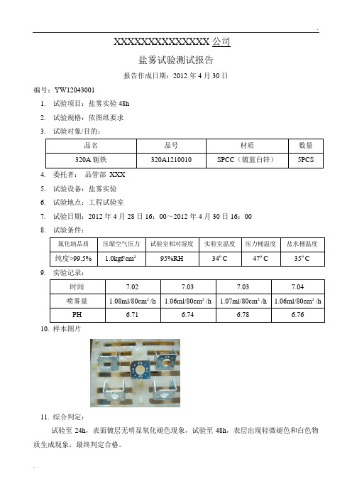 盐雾试验测试报告-范本