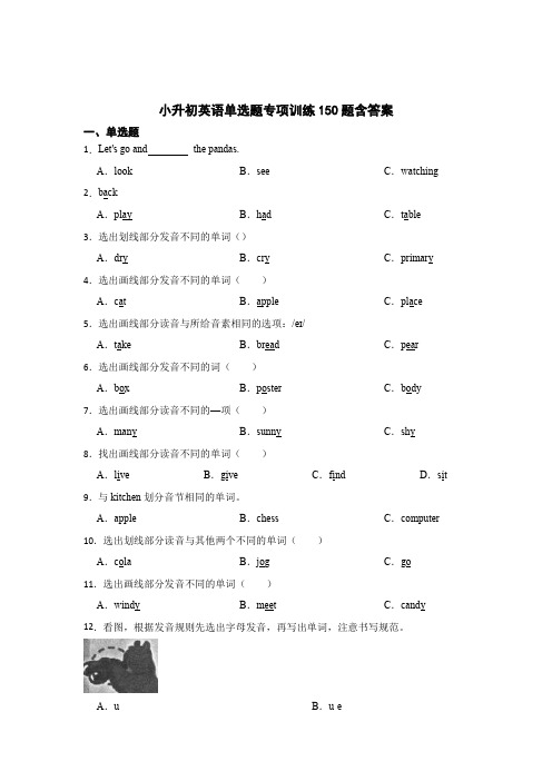 小升初英语单选题专项训练150题含答案解析(精选5套)