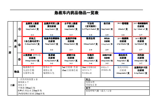 观察室急救车内药品物品一览表模板