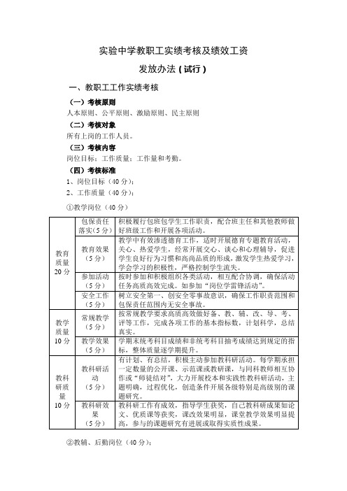 实验中学教职工实绩考核及绩效工资