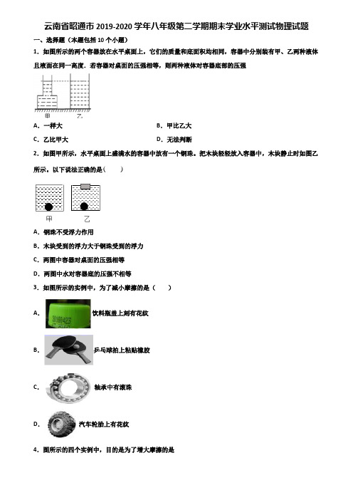 云南省昭通市2019-2020学年八年级第二学期期末学业水平测试物理试题含解析