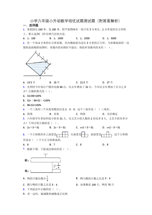 小学六年级小升初数学培优试题测试题(附答案解析)