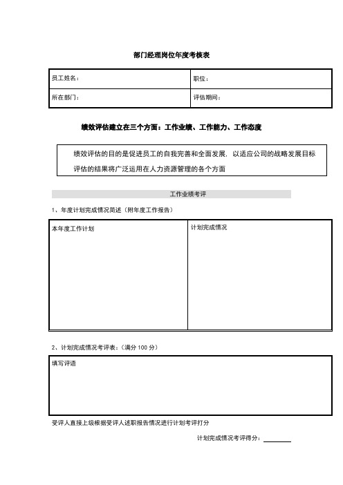 体育用品行业部门经理岗位年度考核表