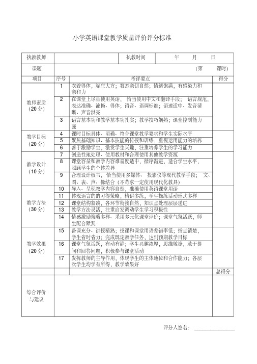 小学英语课堂教学质量评价评分标准