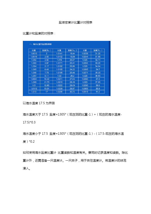 盐液密度计比重计对照表