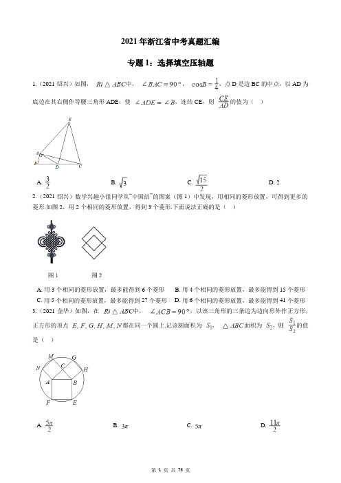 浙江省2021年中考真题汇编专题1：选择填空压轴题(含解析)