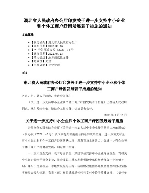 湖北省人民政府办公厅印发关于进一步支持中小企业和个体工商户纾困发展若干措施的通知