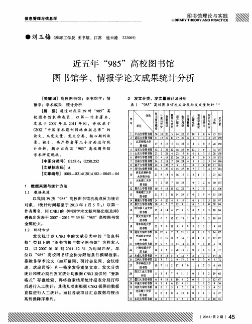 近五年“985”高校图书馆图书馆学、情报学论文成果统计分析