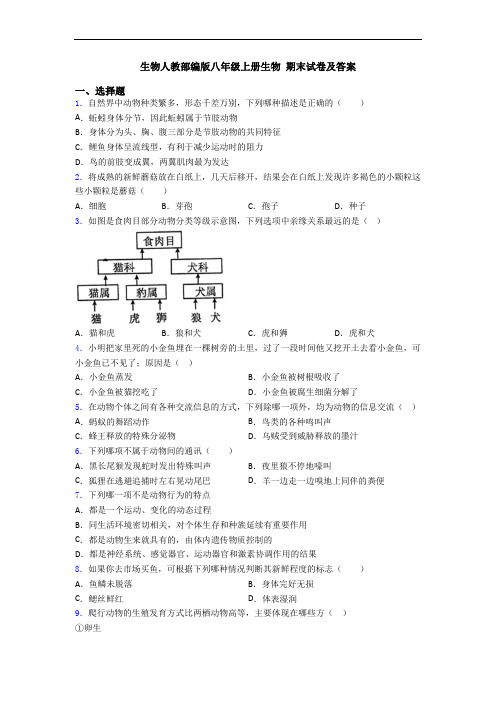 生物人教部编版八年级上册生物 期末试卷及答案