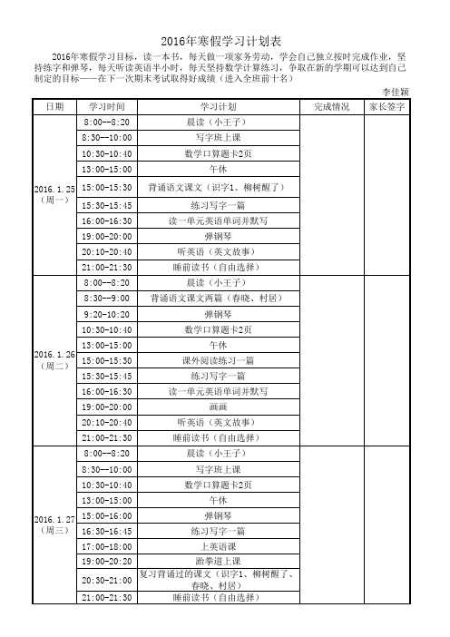 2016年寒假计划