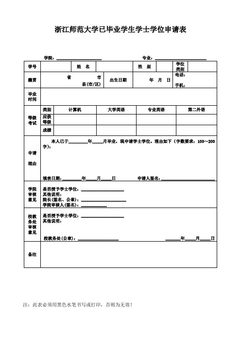 浙江师范大学已毕业学生学士学位申请表