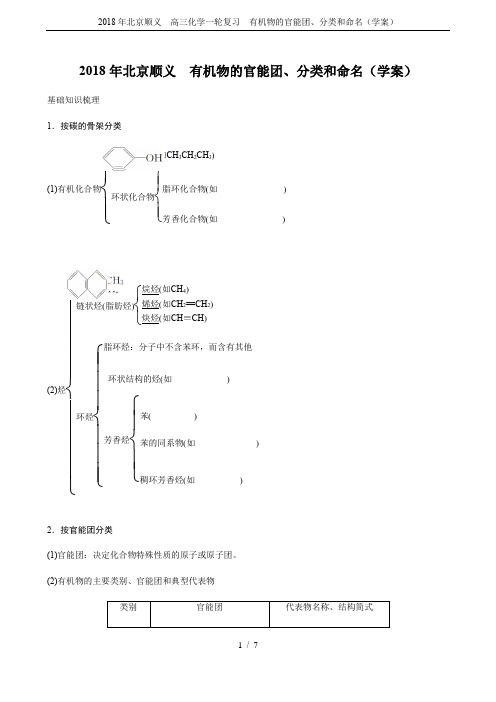 2018年北京顺义 高三化学一轮复习 有机物的官能团、分类和命名(学案)
