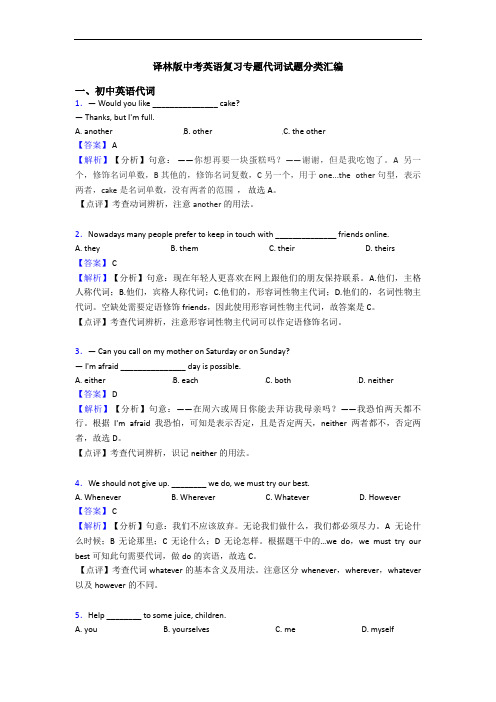 译林版中考英语复习专题代词试题分类汇编