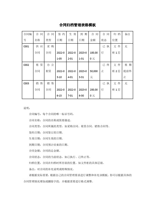 合同归档管理表格模板