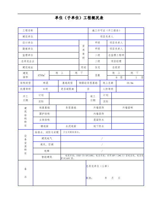 单位(子单位)工程概况表