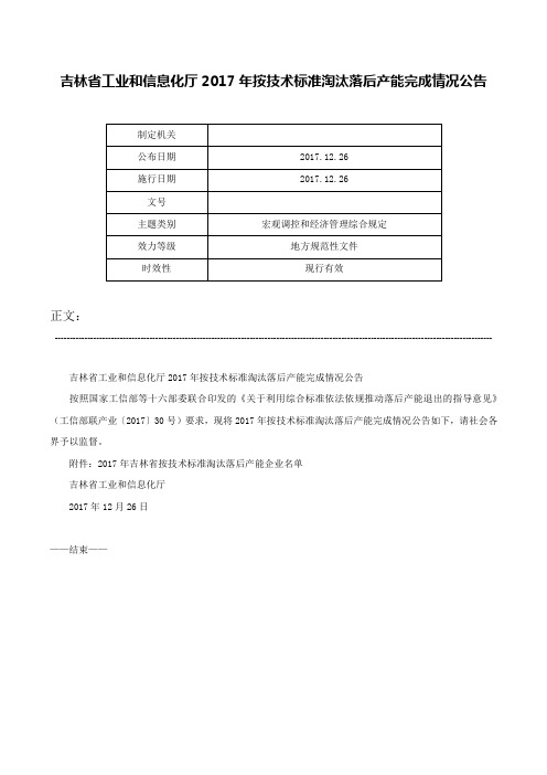 吉林省工业和信息化厅2017年按技术标准淘汰落后产能完成情况公告-